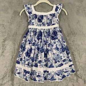 Laura Ashley Girls Dress Size 5 Blue White Floral Swiss Dot Lace Cottagecore